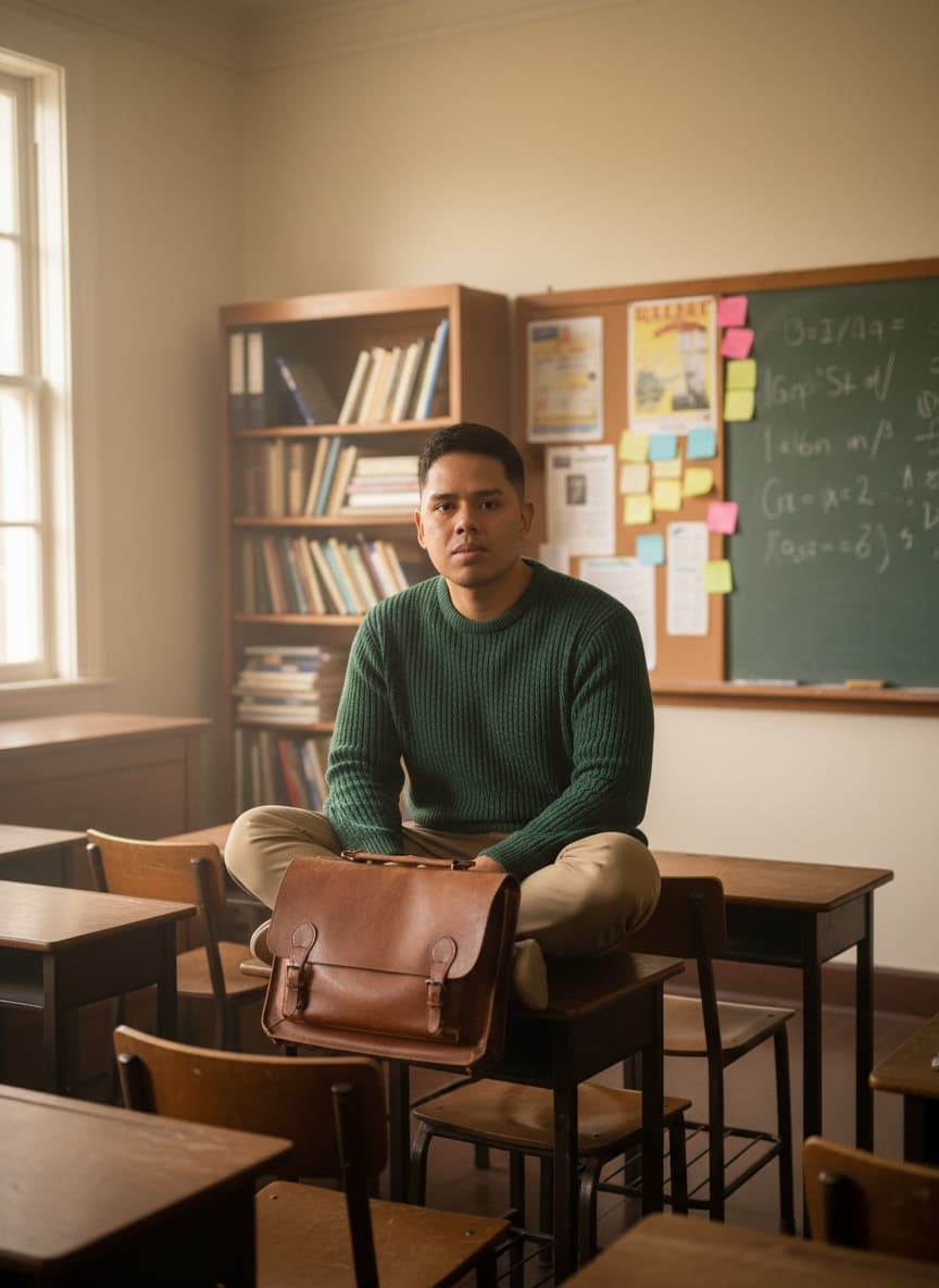 Create a portrait of the person from the reference photo. A man sitting cross-legged on a school des