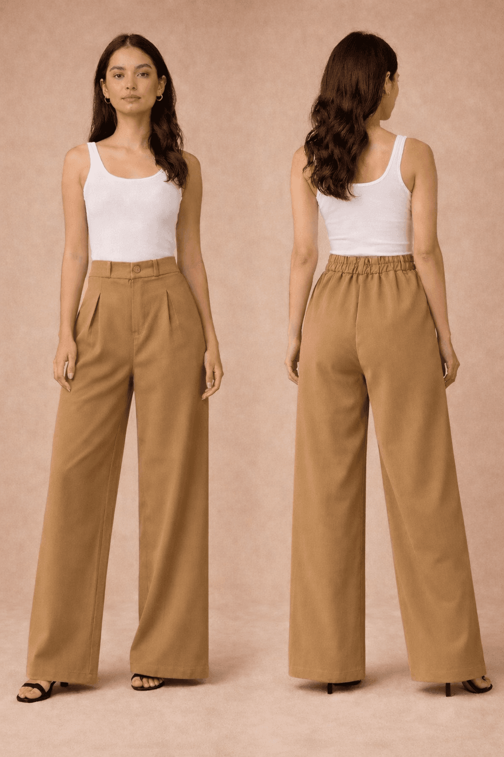 "A fashion model wearing black wide-leg high-waisted trousers and a white tank top poses naturally i