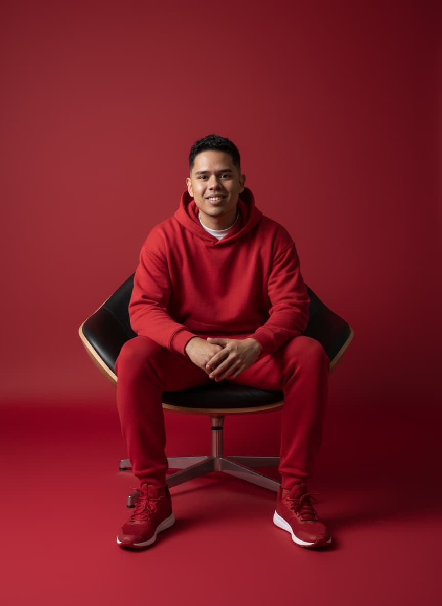 Ultra-realistic studio portrait of a 25 year old english man sitting on a modern curved chair in a s