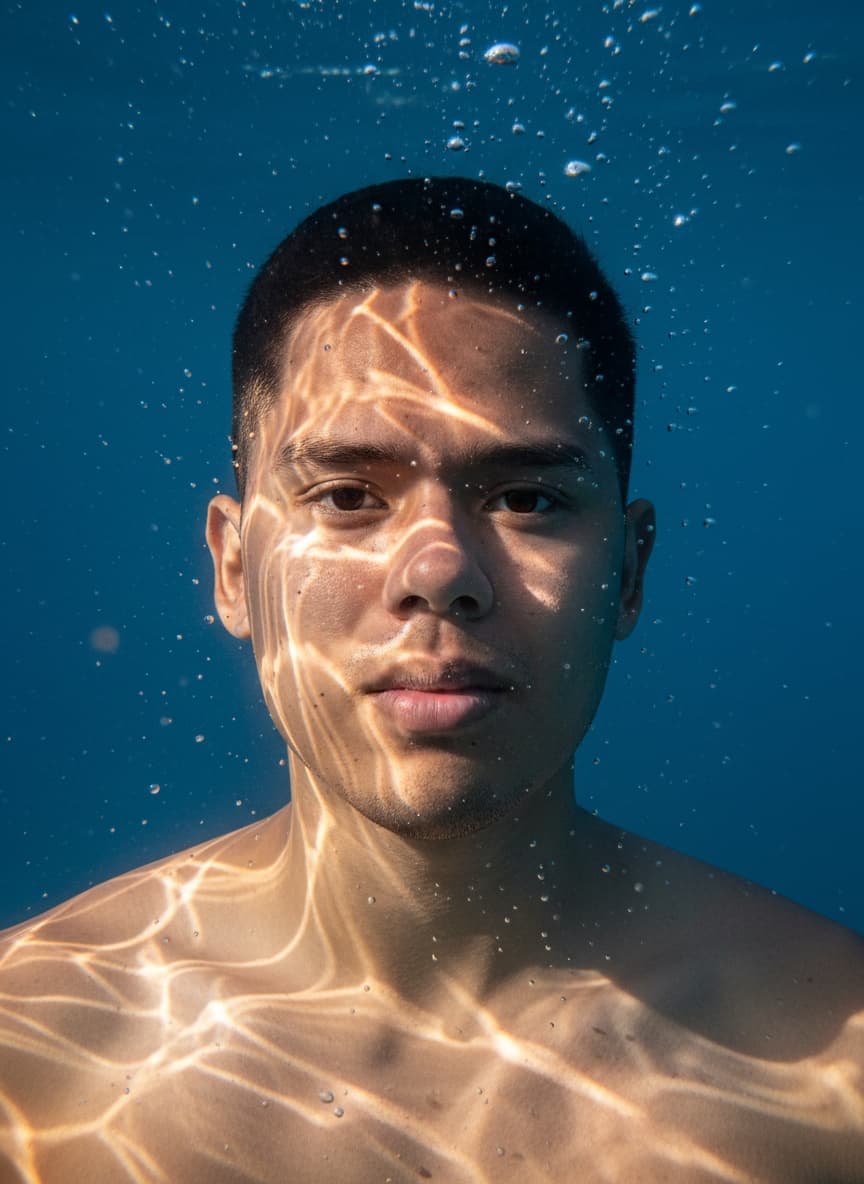 Close-up underwater portrait of a young. Light rays from the water surface create bright, wavy refle