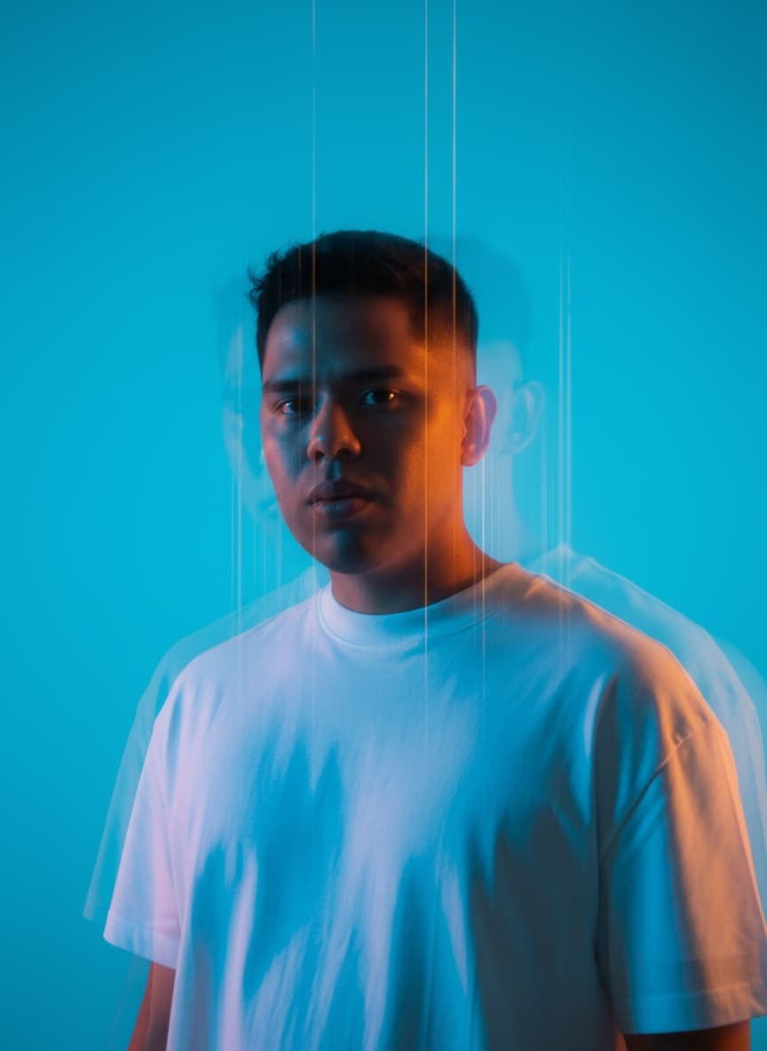 High-fashion cinematic half-length portrait of the person from input photo, dreamlike editorial styl