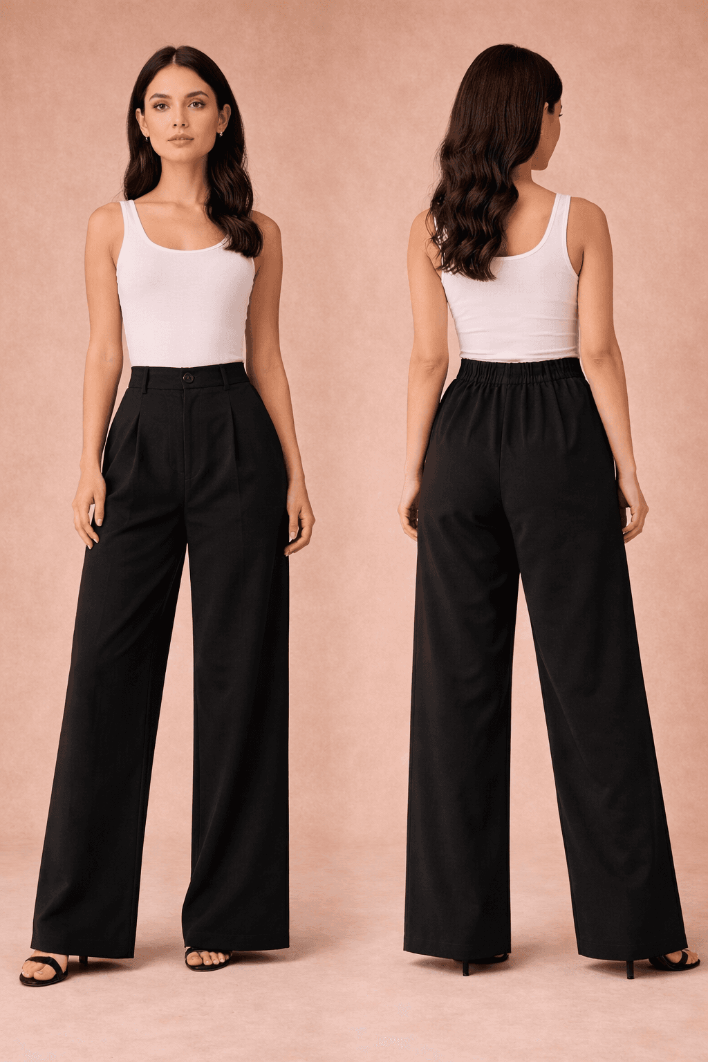 "A fashion model wearing black wide-leg high-waisted trousers and a white tank top poses naturally i