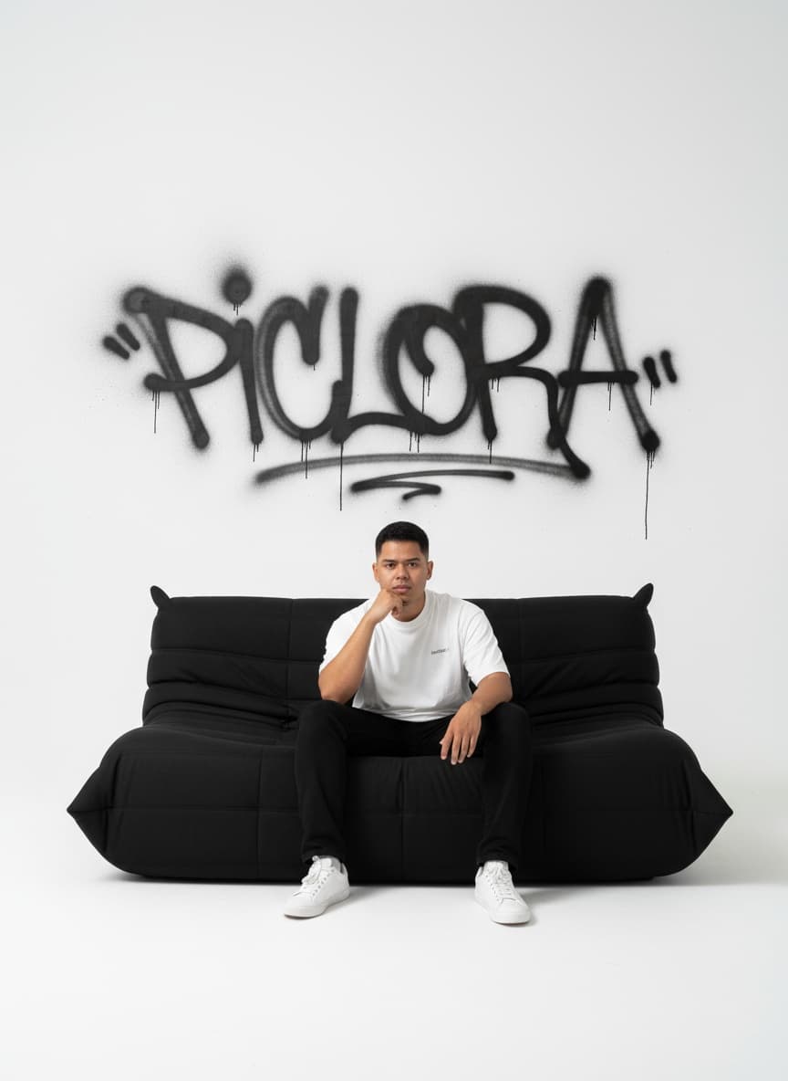 character sitting centered on an oversized puffy lounge sofa in black, relaxed pose with one hand un