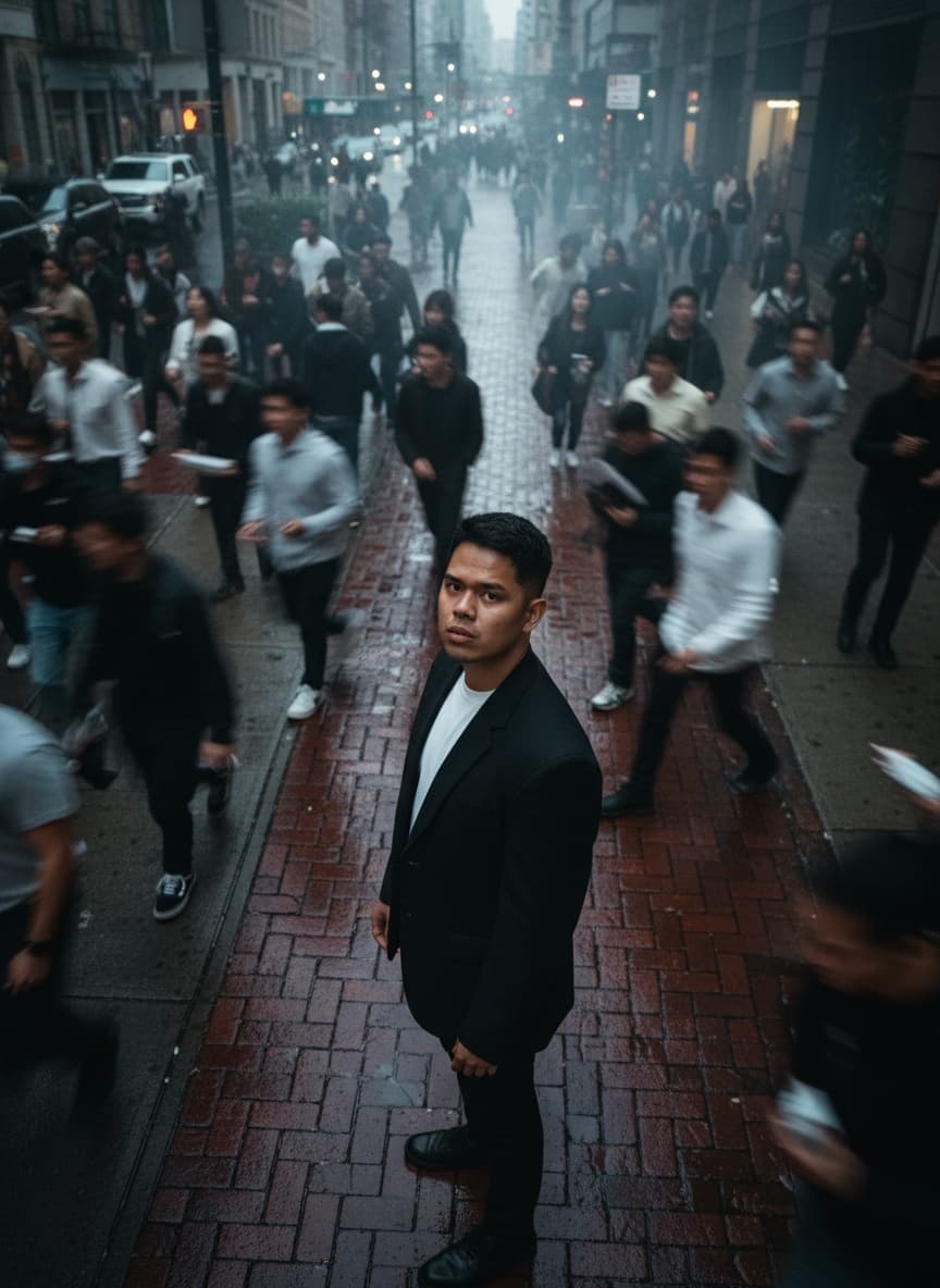 Cinematic overhead shot of me
Standing still a brick city sidewalk, wearing a dark oversized blazer,